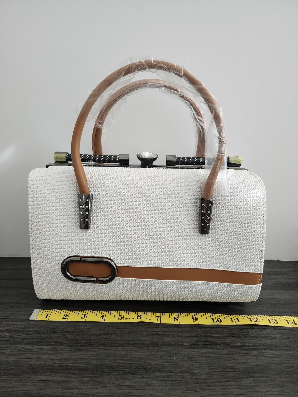 Structured White Satchel with Tan Accent - Picture 5 of 9